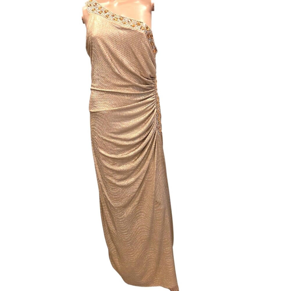 Betsy & Adam Champagne Goddess Gown Jeweled One Shoulder 10P Old Hollywood Glam